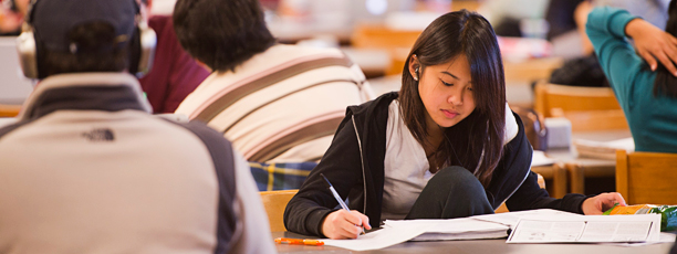 a student reviews her notes on one of the long tables in the mugar building